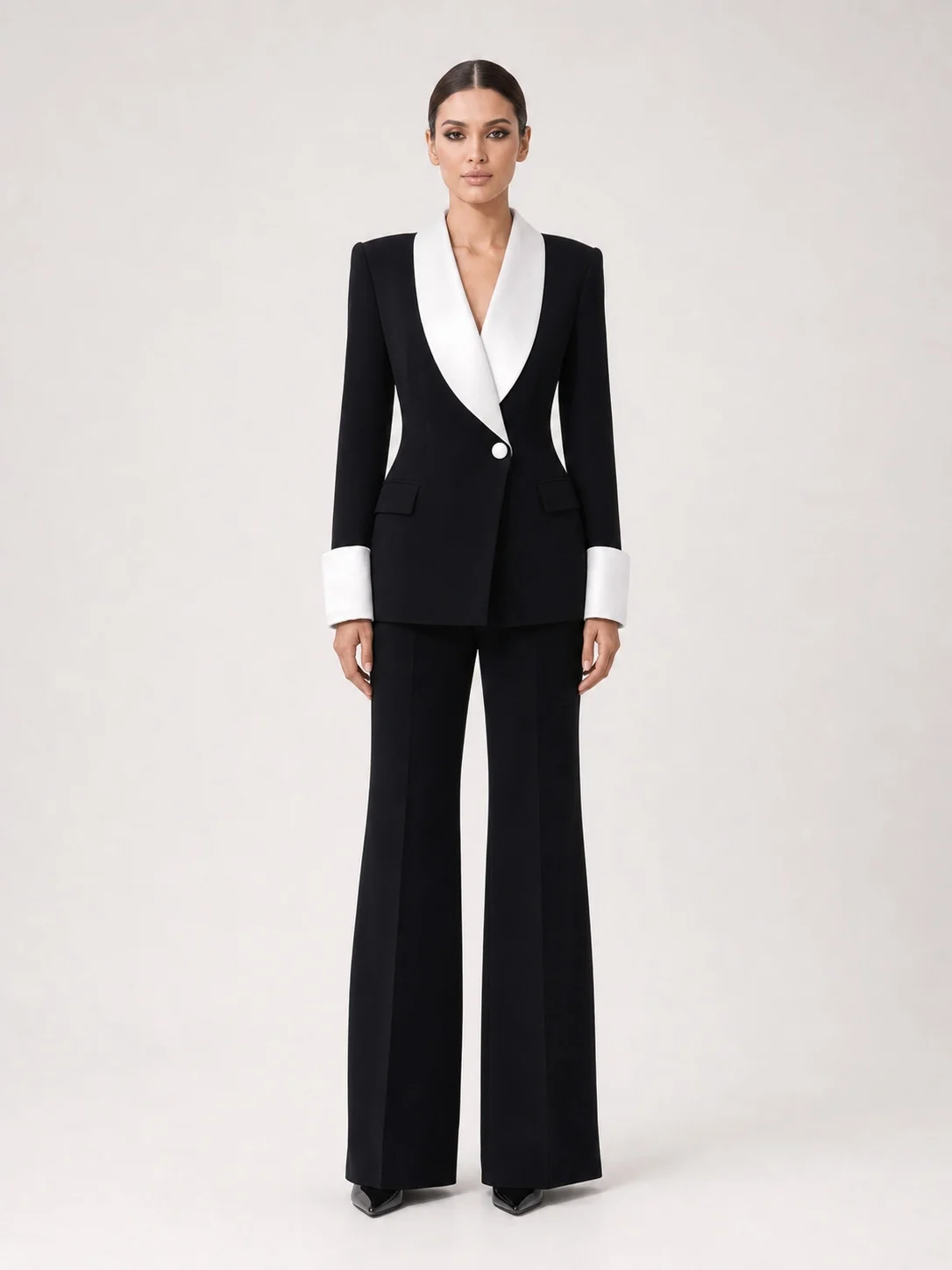 Women's Black Contrast Satin Lapel Suit Two-Piece Set