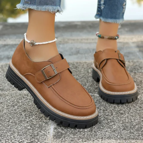 Women's Fashion Buckle Loafers British Style Height-increasing Thick-soled Casual Shoes