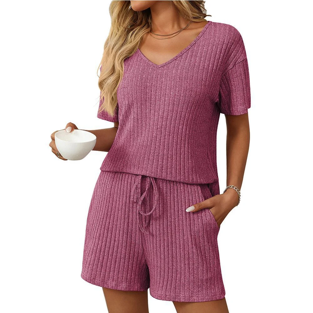 Women's Solid-color Ribbed Sleepwear Short-sleeve Loungewear Set - imagine 4