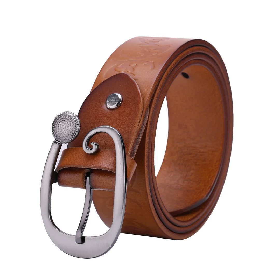 Women's Leather Belt Head Layer Cowhide Embossed Decoration - Image 2