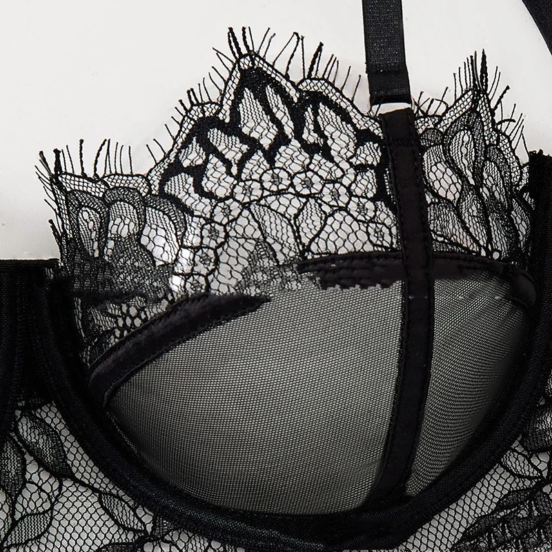 Women's Black Mesh Bra Anti-sagging Lace Sexy Lingerie Set - Image 3