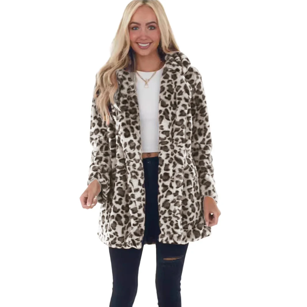 Women's Cross-Border Autumn And Winter Leopard Print Imitation Fur Outwear Women's Fashionable Elegant Side Flap Pocket Pants Loose Fur Outwear - Image 3