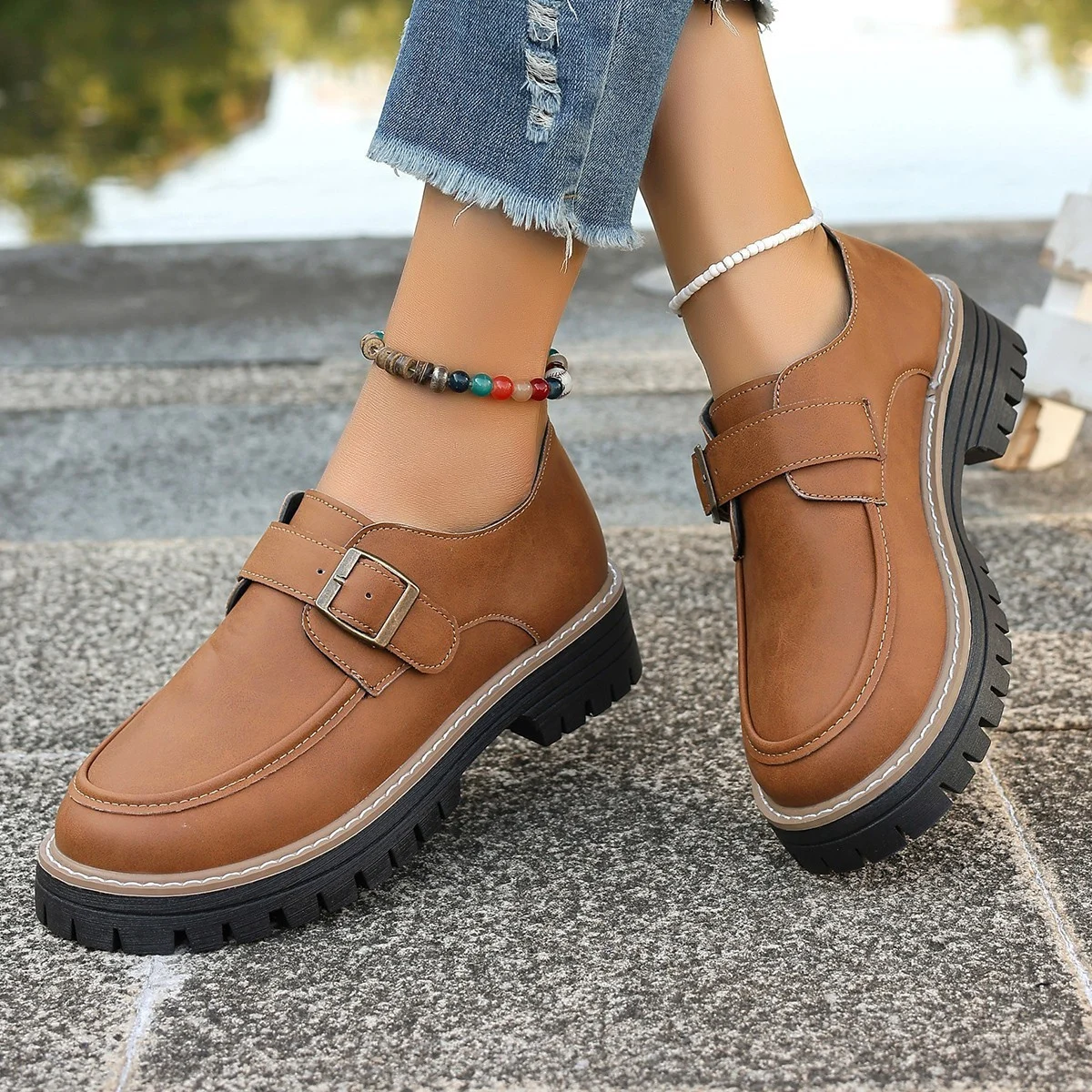 Women's Fashion Buckle Loafers British Style Height-increasing Thick-soled Casual Shoes - imagine 4
