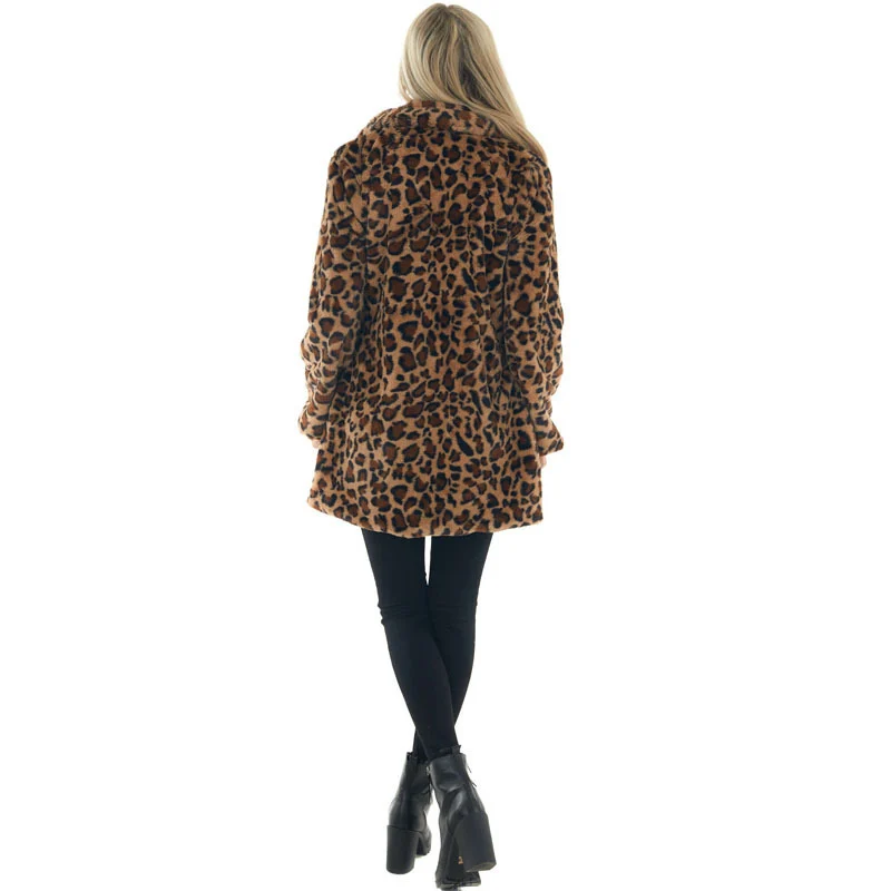 Women's Cross-Border Autumn And Winter Leopard Print Imitation Fur Outwear Women's Fashionable Elegant Side Flap Pocket Pants Loose Fur Outwear - Image 5