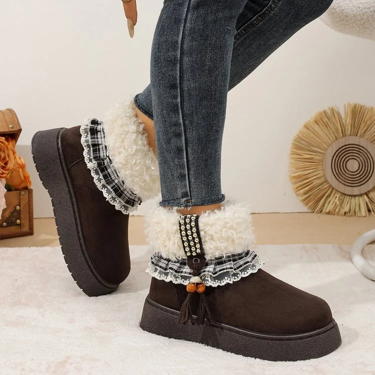 Women's Platform Snow Boots - Winter Fuzzy Fleece-Lined Thick Warm Bread Cotton Shoes