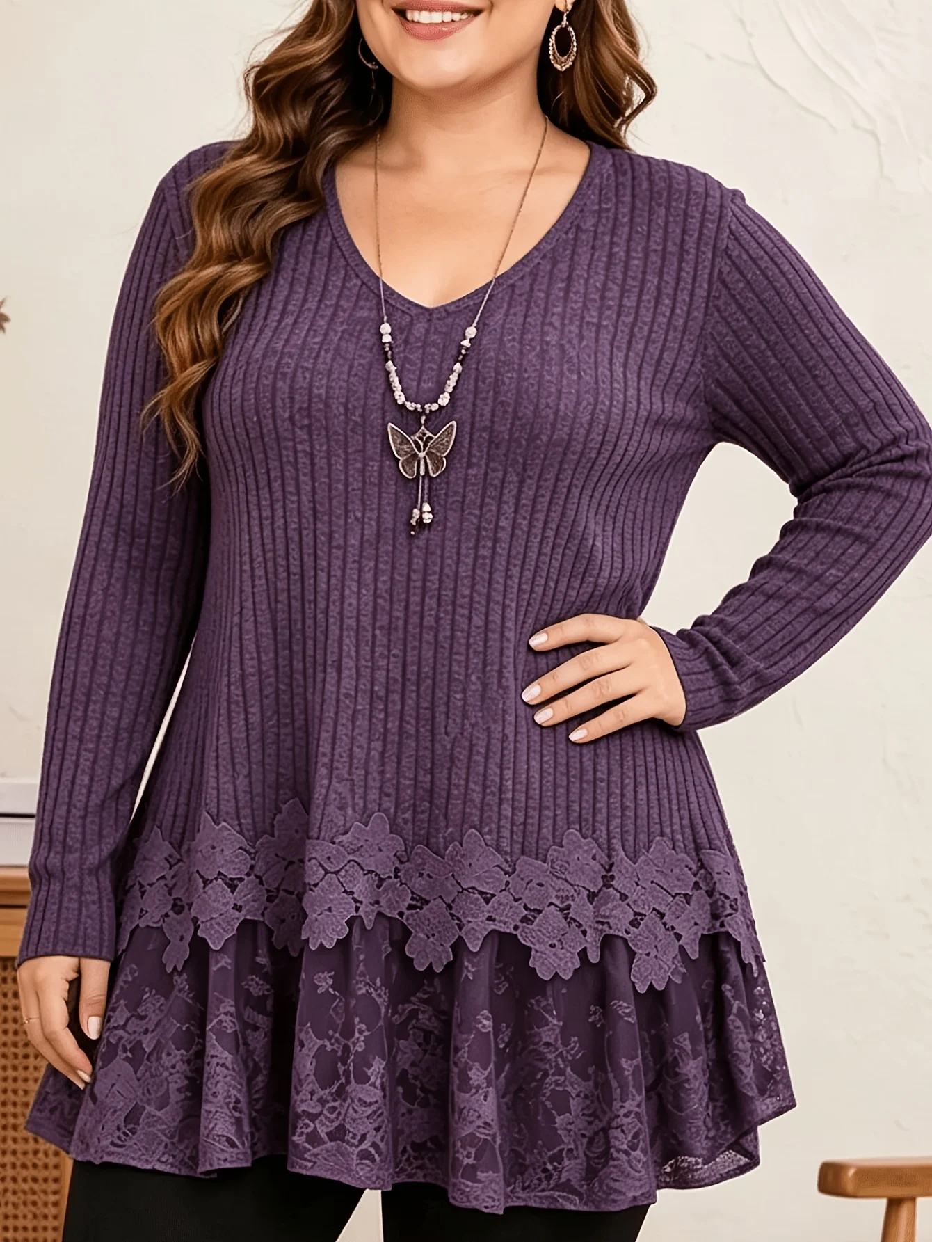 Women's Plus Size Long-Sleeve Tunic Top - Brown - Image 3