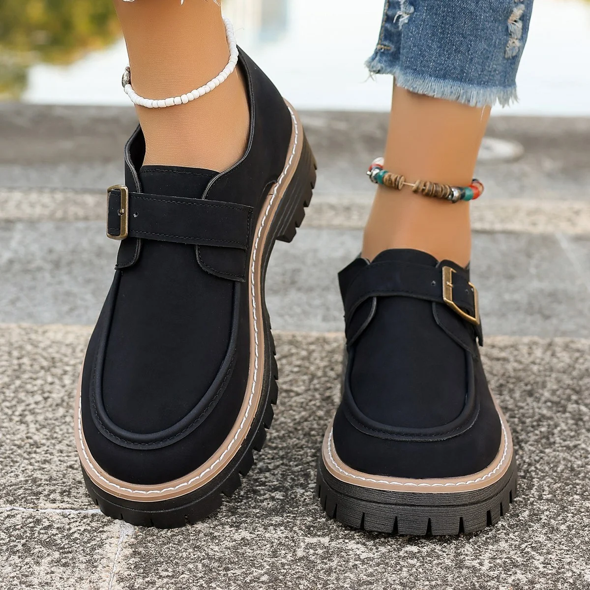 Women's Fashion Buckle Loafers British Style Height-increasing Thick-soled Casual Shoes - imagine 2
