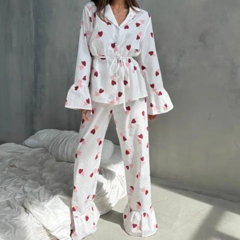 Women's Heart Print Long Sleeve Pajama Set Long Pants Sleepwear with Ruffled Hem