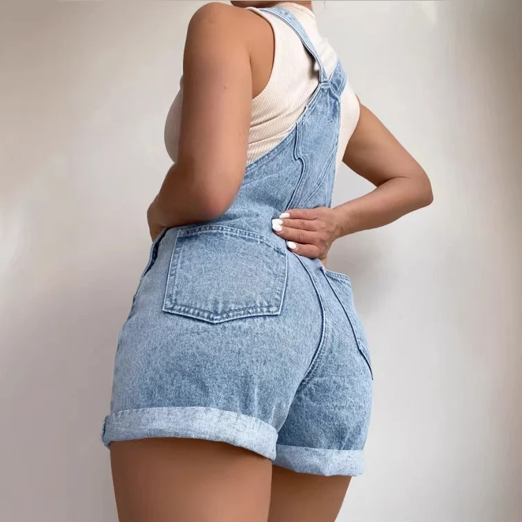 Women's Retro Light Blue Denim Overalls Shorts - imagine 2