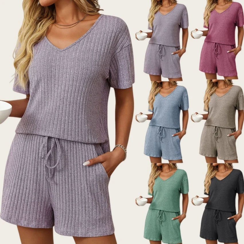Women's Solid-color Ribbed Sleepwear Short-sleeve Loungewear Set