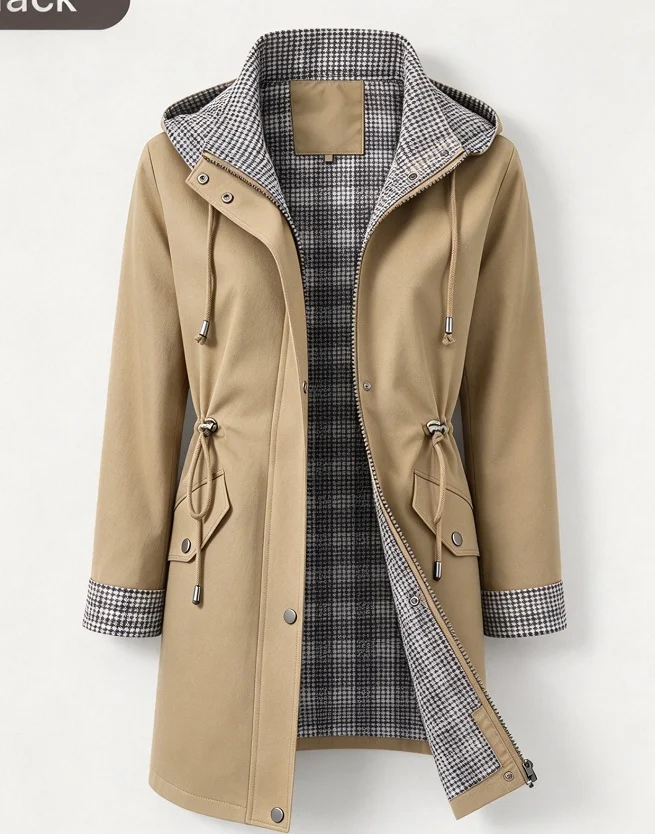 Women's Hooded Trench Coat, Plaid Lined Mid Length Jacket, Drawstring Waist Casual Outerwear