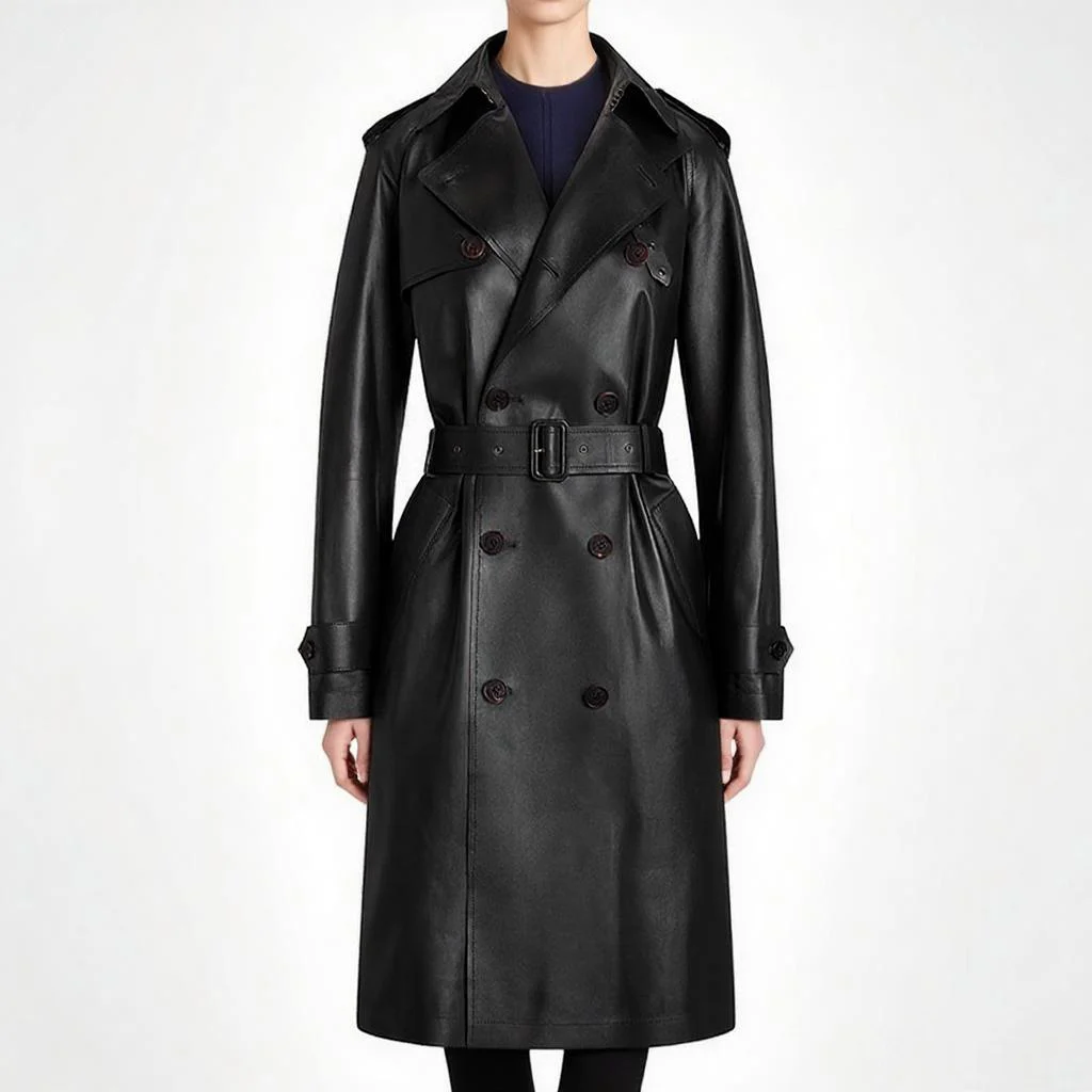 Women's Classic Double-Breasted Belted PU Leather Trench Coat - Image 4
