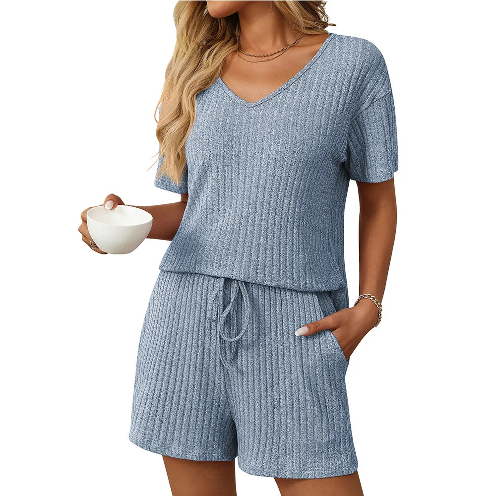 Women's Solid-color Ribbed Sleepwear Short-sleeve Loungewear Set - imagine 5