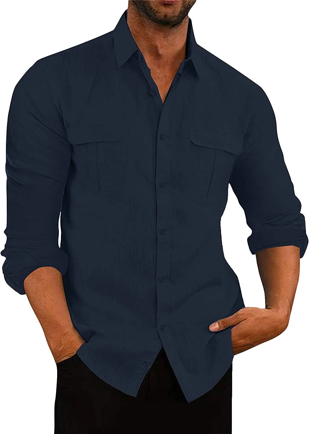 Men's Cotton Linen Double Pocket Shirt - imagine 2