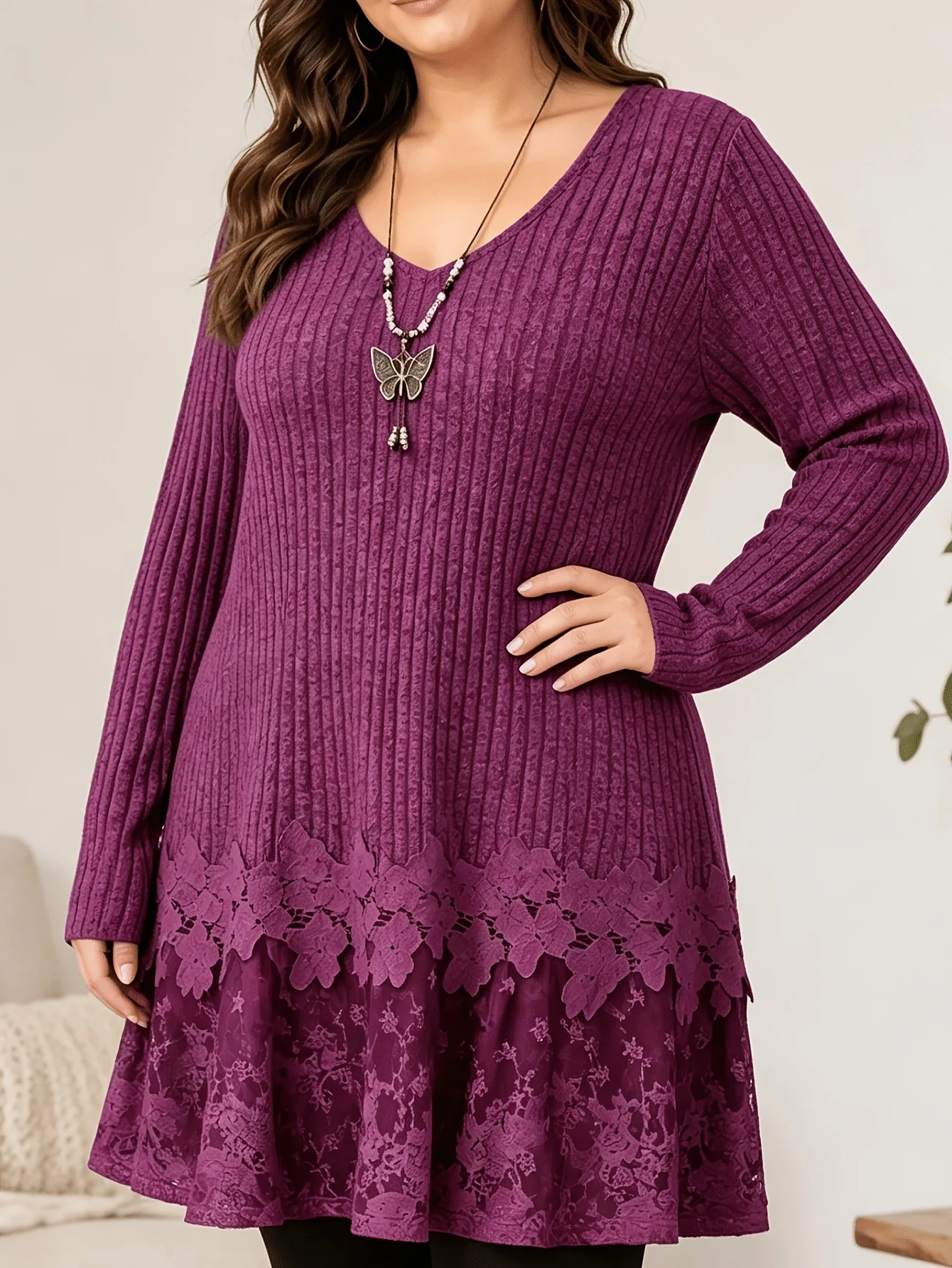 Women's Plus Size Long-Sleeve Tunic Top - Brown - Image 2