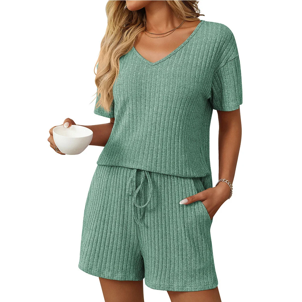 Women's Solid-color Ribbed Sleepwear Short-sleeve Loungewear Set - imagine 6