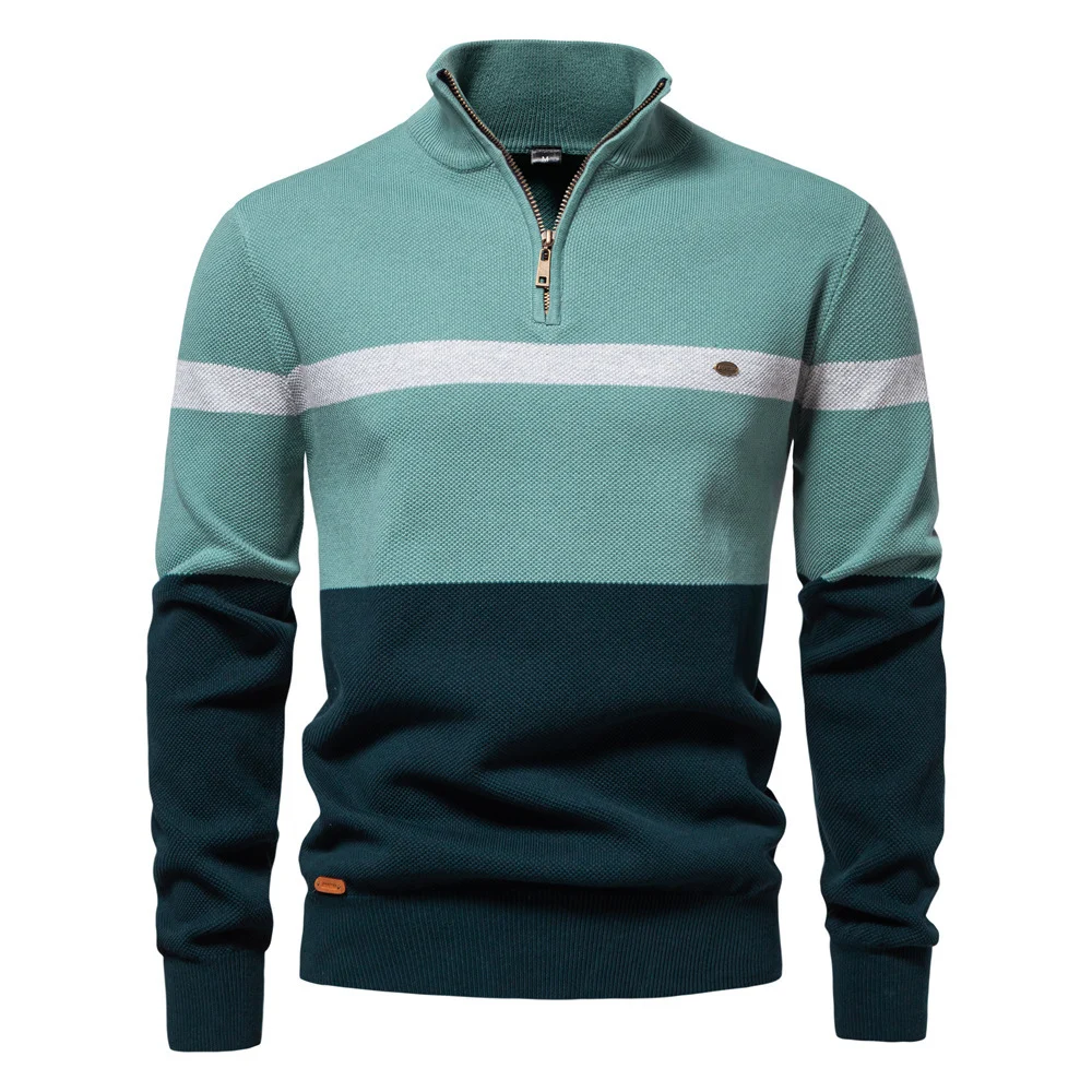 Men's Quarter-Zip Color Block Sweater – Casual Winter Knitwear - imagine 2
